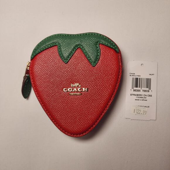 NWT Coach CAN28 Strawberry Coin Case Change Purse Bold Red Leather - Picture 1 of 4